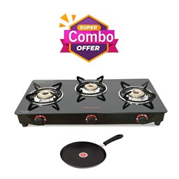Picture of Butterfly Trio 3 Burner Glass Top Gas Stove + Sowbaghya Non Induction Dosa Tawa